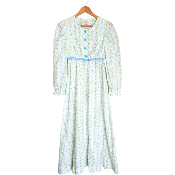 70s Vtg Handmade Maxi Prairie Dress Roses Floral Seersucker cottagecore - Picture 16 of 16